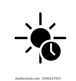 sun icon. sun time, sun with clock, thin line symbol on white background. solid design style. vector design template