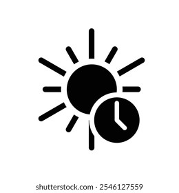 sun icon. sun time, sun with clock, thin line symbol on white background. solid design style. vector design template