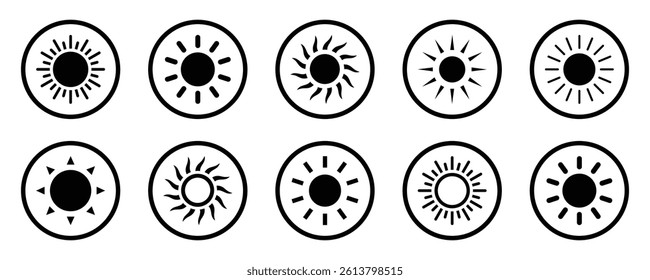Sun icon vector collection with various sun shapes in flat, and outline styles. Perfect for weather apps, summer themes, energy logos, and UI design. Isolated on white background.