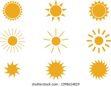 Sun icon. Vector graphics. Few types of vector sun. Symbol of the sun. Isolated sun. Star. Yellow. White.