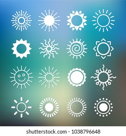 Sun icon vector set in a flat style. Different icons for summer logo. Collection of graphic illustrations on an isolated background. various icons with rays.