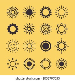 Sun icon vector set in a flat style. Different icons for summer logo. Collection of graphic illustrations on an isolated background. various icons with rays.