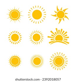 Sun icon vector set. Flat design. Collection of sun stars. Logo or weather icon.