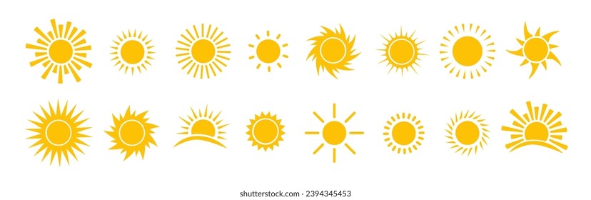 Sun icon vector set. Flat design. Collection of sun stars. Logo or weather icon