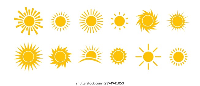 Sun icon vector set. Flat design. Collection of sun stars. Logo or weather icon