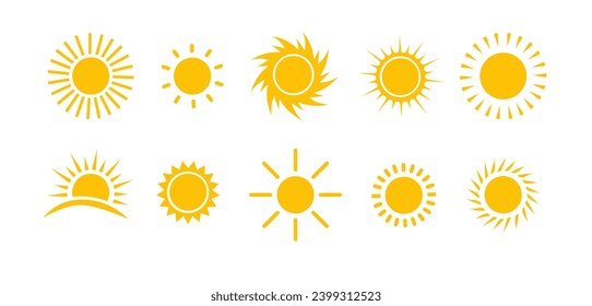 Sun icon vector set. Flat design. Collection of sun stars. Logo or weather icon