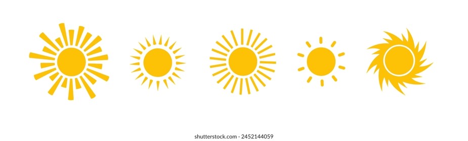 Sun icon vector set. Flat design. Collection of sun stars. Logo or weather icon