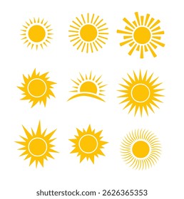 Sun icon vector set. Flat design. Collection of sun stars. Logo or weather icon