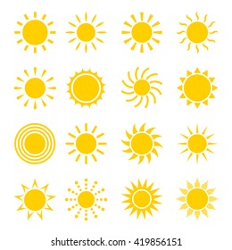 Sun icon vector set in a flat style.  Collection of sun icons isolated on white background. 