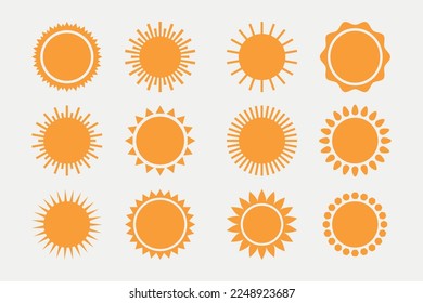 Sun icon vector set, Modern simple sun vector, Summer Emblem, sunshine silhouette with different rays style, heat weather symbols, Collection of sun stars, Sun pictogram, Vector Illustration, EPS10