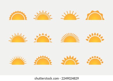 Sun icon vector set, Modern simple sun vector set, Summer Emblem, sunshine silhouette with different rays style, Collection of sun stars, Sun pictogram, Vector Illustration, EPS10