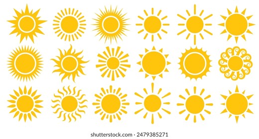 Sun icon vector set. Yellow summer symbol. Sunlight symbol collection. Sunset and sunrise sign. Vector Illustrator.