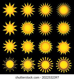 Sun icon. Sun vector. Yellow sun icons collection. Summer, sunlight, nature, sky.