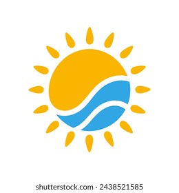 Sun icon and water waves. Global warming or climate change concept. Vector illustration