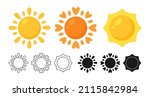 Sun icon weather set. Line, silhouette cartoon suns, symbol weather element. Graphic hand drawn meteorological infographics sign. Funny childish sunny nature weather collection vector illustration