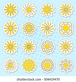 Sun icon web. Sun Icon. Sun Icon Vector. Sun object. Set cartoon patches, stickers and badges. Set of suns in flat style. Icons suns of various shapes. For website design, printing on fabric, stickers