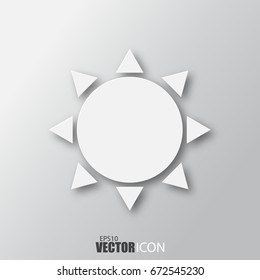 Sun icon in white style with shadow isolated on grey background. For your design, logo. Vector illustration.