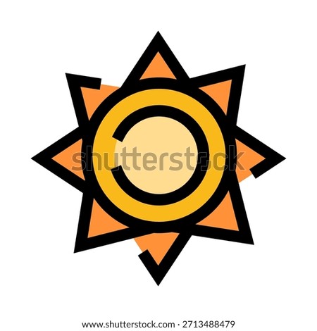Sun icon with yellow circle and orange rays radiating light, symbolizing warmth, summer and bright clear weather for forecasts, energy, temperature and seasonal themes