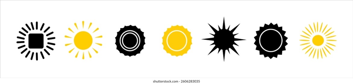 Sun icon. Yellow sun. Rays. Sunbeam. Sun shape. Vector illustration