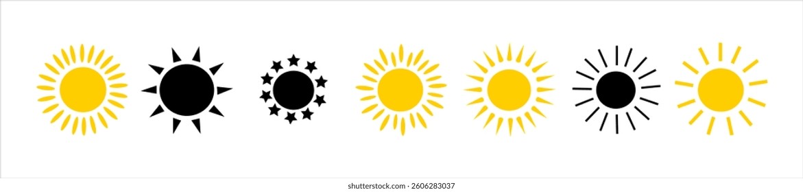 Sun icon. Yellow sun. Rays. Sunbeam. Sun shape. Vector illustration