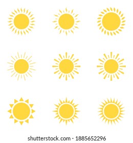 Sun icon yellow set isolated on white background. Sun icons collection. Star simple flat logo icon. Trendy vector summer icon for website design, mobile app. Vector illustration