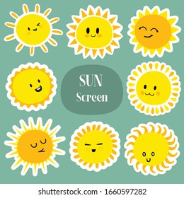 Iconos del sol. Bonitos elementos de diseño. Emoji.