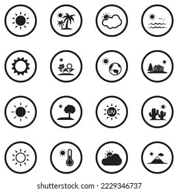 Sun Icons. Black Flat Design In Circle. Vector Illustration.