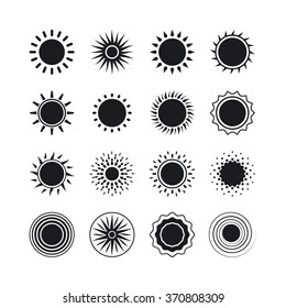 Sun icons. Black sun images on white background. Vector illustration