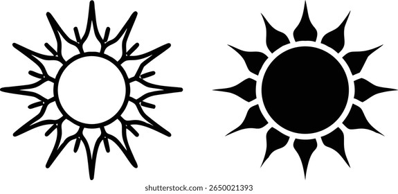 Sun Icons – Black and White Summer Solar Symbol Vector Set