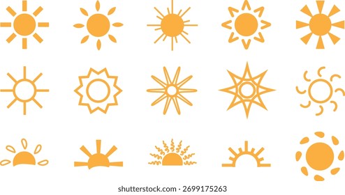 Sun icons collection. Flat and outline solar symbols representing sunlight, summer, and renewable energy concept. Modern minimal vector illustration for weather, eco, and nature design
