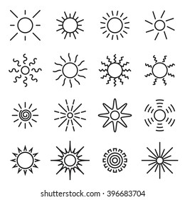 Sun icons. Collection of linear sun icons isolated on a white background. Simple sun symbols. Vector illustration