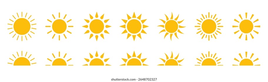 Sun icons collection. Sun logo. Yellow suns circles. Sunshine vector sign. Vector illustration