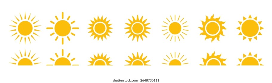 Sun icons collection. Sun logo. Yellow suns circles. Sunshine vector sign. Vector illustration