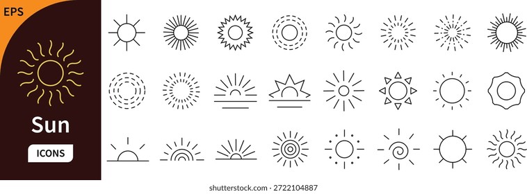 Sun Icons Kollektion mit verschiedenen Stilen, einschließlich Umriss, solide und dekorative Sunburst Designs. Vektorgrafik