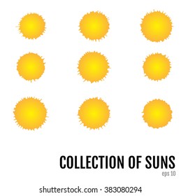 Sun icons collection. Collection of suns. Ink splashes. Vector