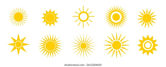	
Sun icons collection. Sunshine vector sign. Vector illustration Vector Formats. Yellow sun icon set, sunshine solar glow sign. Decorative circle sun and sunlight, sunrise or sunset. Hot solar energy