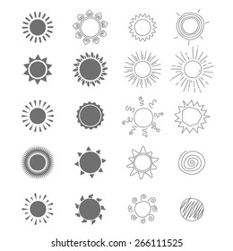 Sun icons. Collection of various stylized suns.