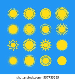 Sun icons collection vector illustration. Nature yellow sunny day design elements web icons. Sunburn weather application element