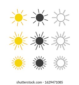 Sun icons collection yellow black and outline set. Vector illustration