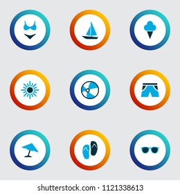 Sun icons colored set with parasol, smelting, beach sandals shorts elements. Isolated vector illustration sun icons.