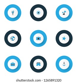 Sun icons colored set with video, balloon, smelting and other suitcase elements. Isolated vector illustration sun icons.