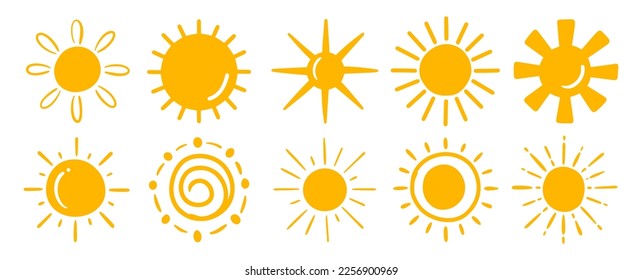 Sun icons design bundle collection set. Hand drawn doodle nature energy symbol.