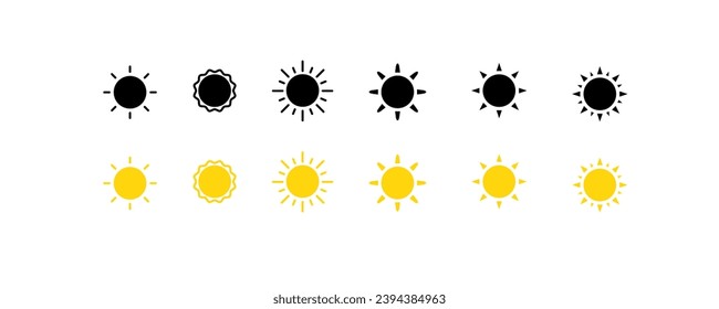 Sun icons. Different styles, yellow sun set for design, sun icons. Vector icons