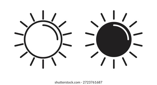 Iconos de sol en línea delgada, contorno y trazos rellenos