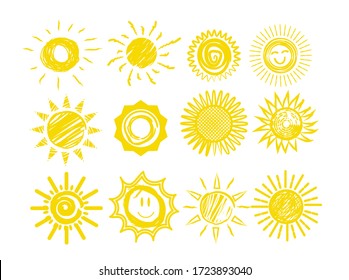 Sun Icons. Funny Doodles Of Sun Vector Illustration. Weather Forecast Elements. Yellow Sun Hand Drawn Sketches Set Isolated On White Background. Cute Kids Scribble Use For Products Design