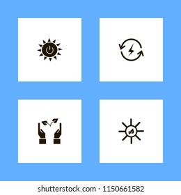 sun icons. hands sprout, sun leaves, solar power and renewable energy vector icons set