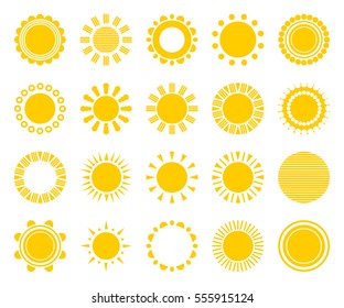 Sun icons isolated on white background set. Flat yellow sunlight symbols. Elements for Solar logo design. Vector illustration