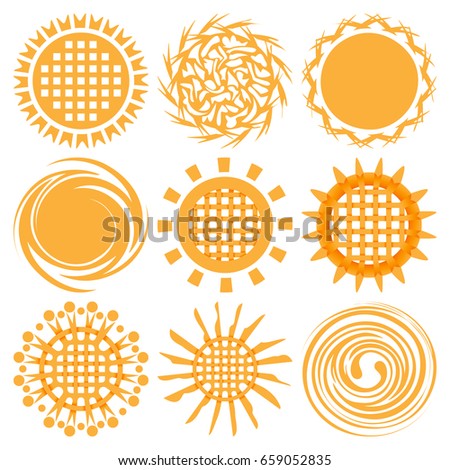 Sun icons isolated on white background set. Flat yellow sunlight symbols. Elements for Solar logo design. Knotted celtic sun collection. Vector illustration.