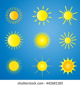 Sun icons and labels on blue sky background, Sun logo and sun symbol set. Vector illustration, sun effect, sun shape.