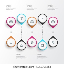 Sun icons line style set with conch, glasses, shoes and other armature  elements. Isolated vector illustration sun icons.